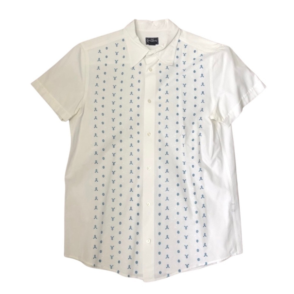 Earl Jean Short Sleeve Button Down Shirt White & Blue Detailing Size Medium